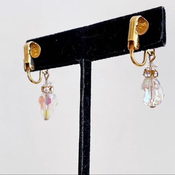 Vintage Gold Tone CZ Aurora Borealis Crystal Bead Dangle Clip Earrings 1.25” - Picture 4 of 11